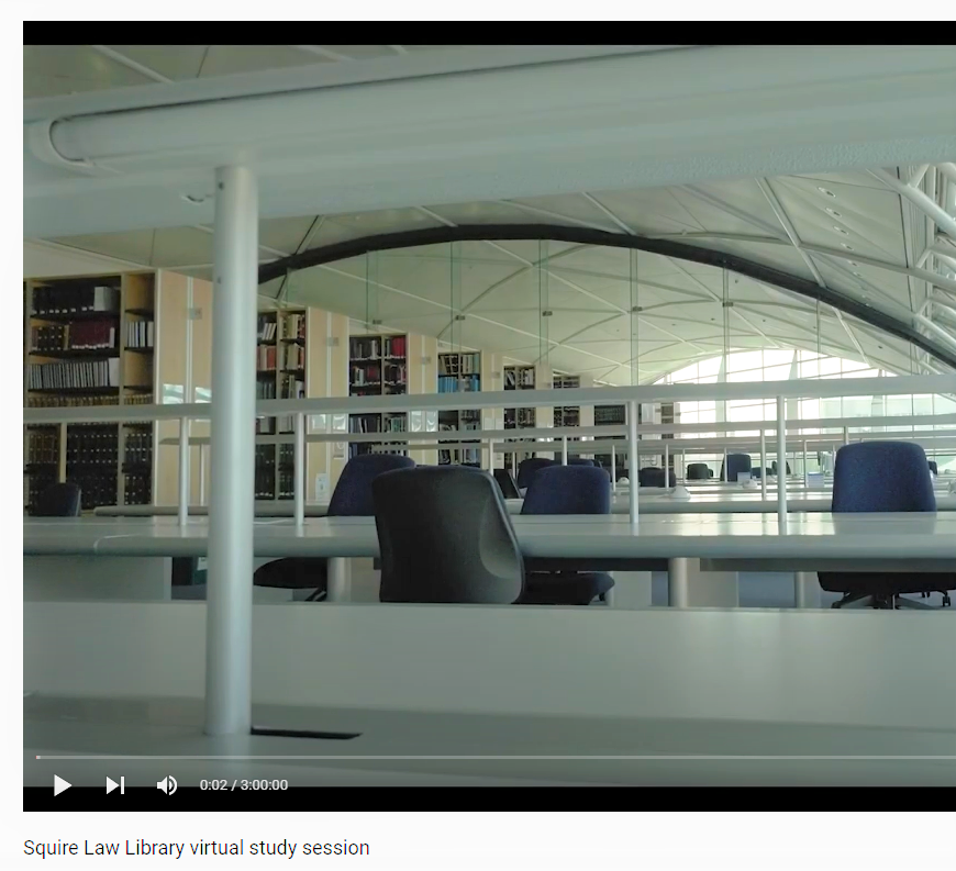 Virtual study session screengrab from YouTube showing library desks